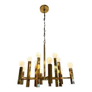 1970s Gaetano Sciolari Brass Twelve Arm Chandelier For Sale