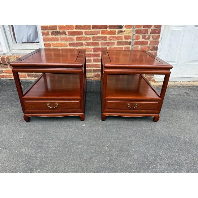 Pair of Mid 20th Century Vintage Chinese Carved Rosewood 2 Tier Side Tables Solid wood frame, sturdy and strong, dovetail...
