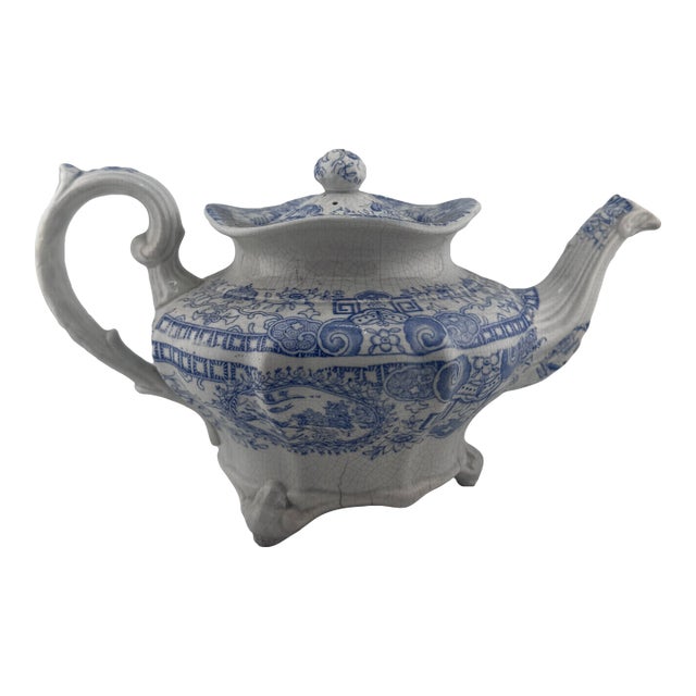Early 19th Century English Blue & White Transferware Teapot, Staffordshire c.1820 For Sale