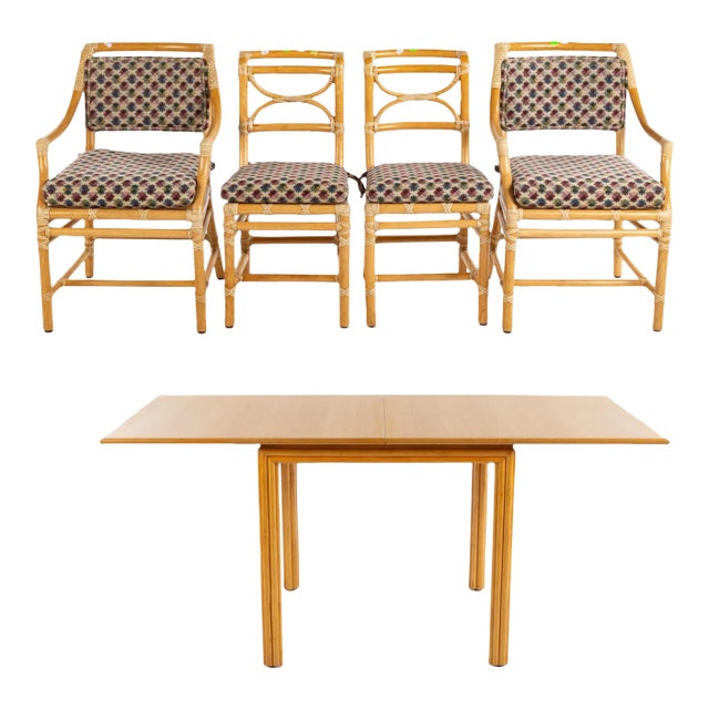 1970 McGuire Rattan Games Flip Top Extension Dining Table and Four Chair Dining Room Set For Sale
