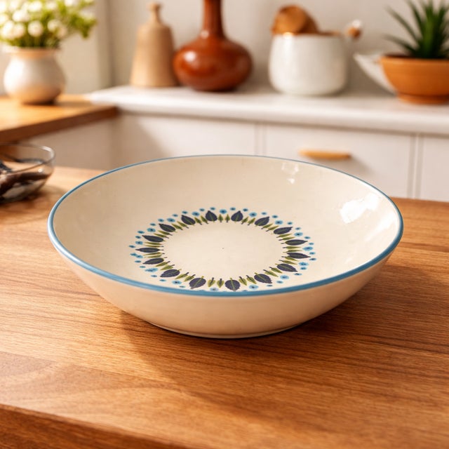 Vintage hand-decorated pasta or serving bowl features a charming folk art aesthetic with a blue and green leaf and floral...