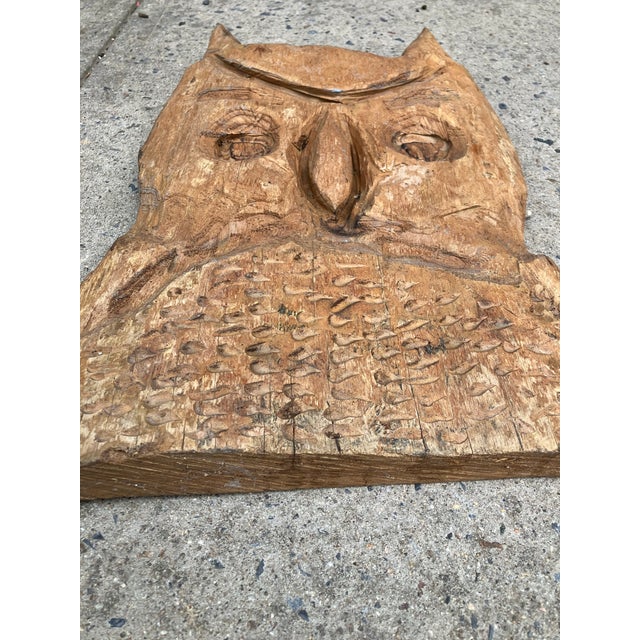 1970’s Large Carved Wood Owl Folk Art Heavy Wall Plaque Signed For Sale - Image 4 of 6