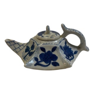 Vintage Tiny Blue and White Asian Pitcher With Lid For Sale