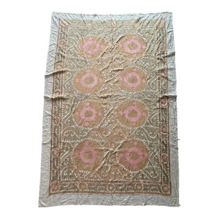 Hand-Embroidered Large Neutral Tan Suzani Bedspread For Sale