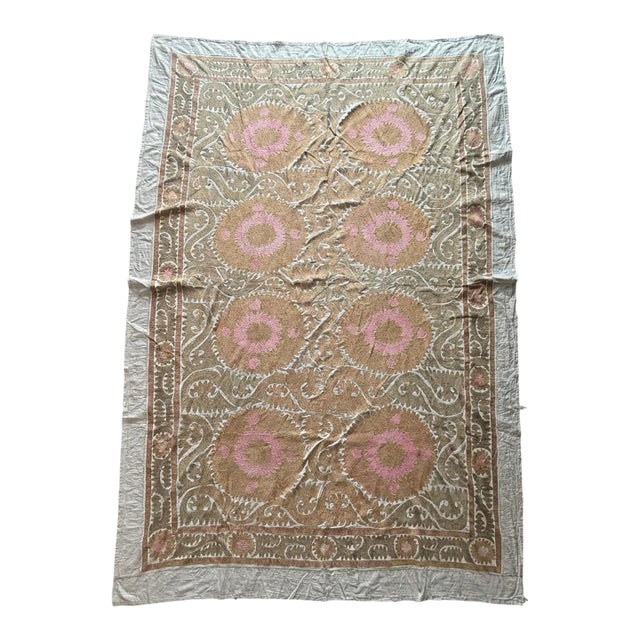 Hand-Embroidered Large Neutral Tan Suzani Bedspread For Sale