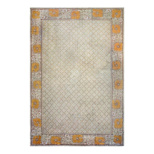 1920s Antique Ivory Geometric Donegal Arts & Crafts Ireland Large Oversized Rug For Sale