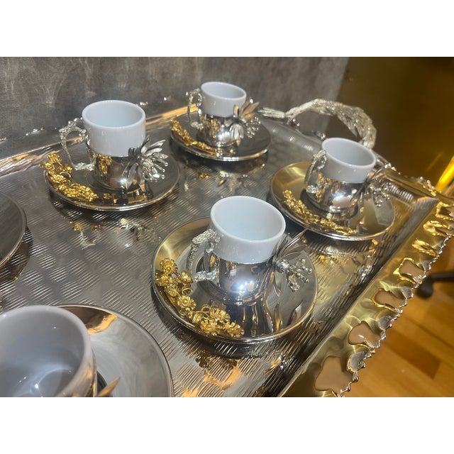 Handmade vintage Turkish tea & coffee set made of silver-plated copper. The tray is extra large, fully hand-worked, and...