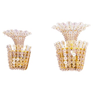Austrian Wall Sconces with Crystal Flowers & Brass, Vienna, 1950s, Set of 2 For Sale
