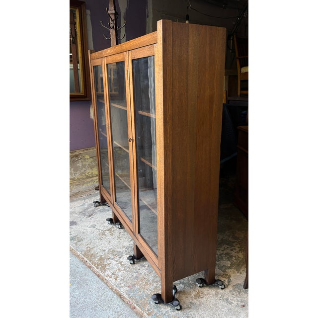 Coffee Antique Mission Oak 3 Door Cabinet or Bookcase For Sale - Image 8 of 10