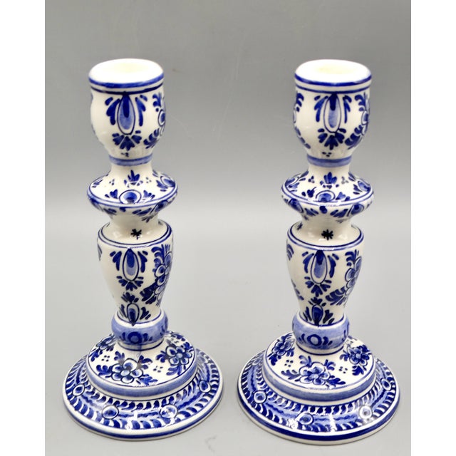 Mid-Century Modern Blue & White Delft Faience Candle Holders, a Pair For Sale - Image 3 of 7