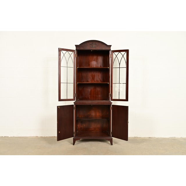 Late 19th Century English Regency Antique Carved Mahogany Breakfront Bookcase Cabinet, Circa 1890s For Sale - Image 5 of 11