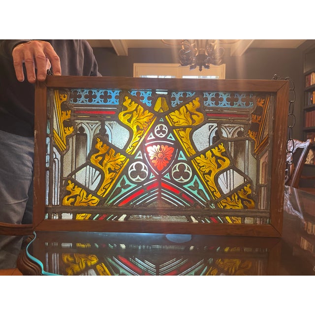 This Stained/Painted Glass, Heavy Leaded Window (believed to be architectural salvage) is secured inside a handmade, wood,...