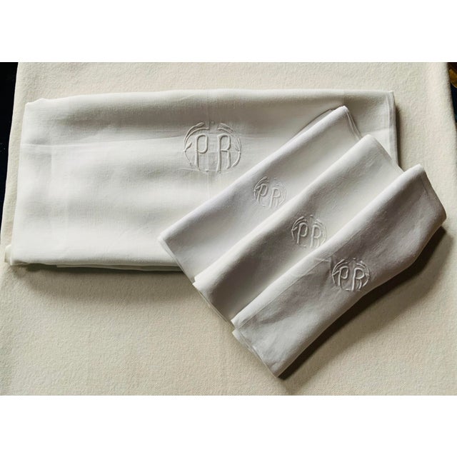 1890s French Linen Tablecloth & Napkins With Art Nouveau "Pr" Monogram For Sale - Image 9 of 9