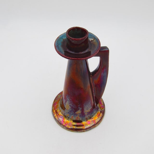 Antique Red Metallic Lustre Art Pottery Candle Holder With Gold and Blue Accents For Sale - Image 10 of 12
