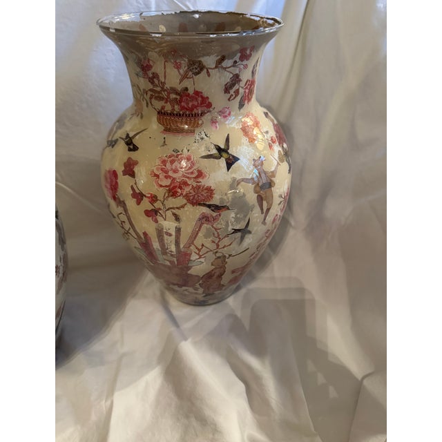 Pair of stylish Decalcomania vases (painting done on another surface and then pressed onto the glass from inside). Was...