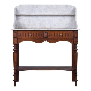 Antique Country French Louis Philippe Style Provincial Maple Wash Table or Vanity W/ White Marble Top For Sale