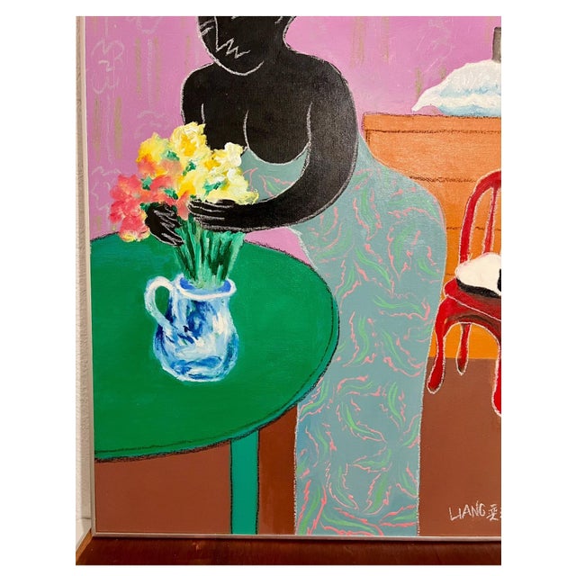 Liang Yifeng, Chinese Taiwanese Modernist Oil Painting Liang Yifeng Woman in Blue Interior For Sale - Image 4 of 12