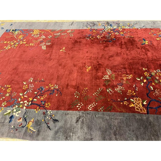 Textile 1920s Antique Vibrante Red Field Spray Floral Knotted Wool Chinese Art Deco Rug For Sale - Image 7 of 7