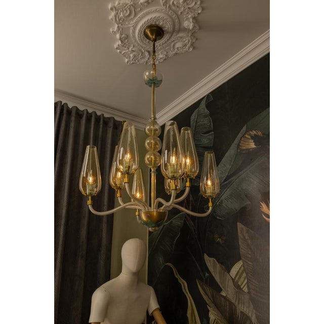 Metal Italian Murano Glass Eight-Light Chandelier with Golden Accents, 1970s For Sale - Image 7 of 18