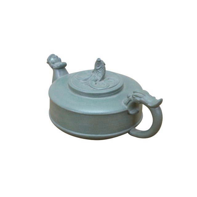 Chinoiserie Vintage Chinese Yixing Zisha Green Clay Dragon Koi Fish Kung Fu Teapot 5.5" For Sale - Image 3 of 15