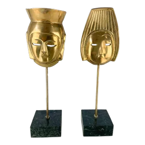 Mid 20th Century Pair Vintage Polished Brass Mid Century Asian Mask Buddha Head on Marble Base