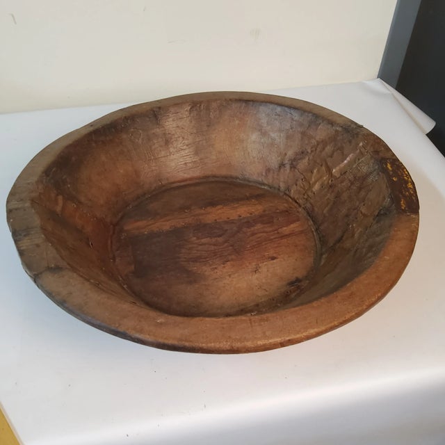 Large Antique Folk Art Hand Carved Knotty Wood Bowl With Metal Patches For Sale - Image 4 of 4