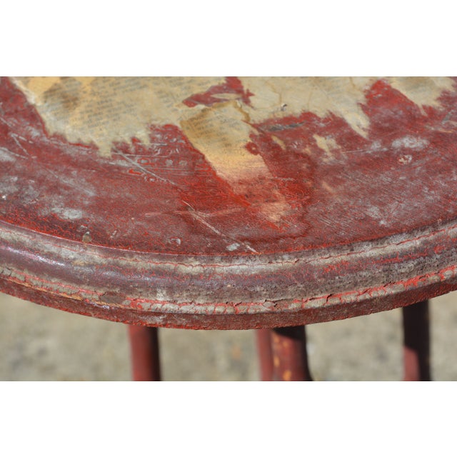 Maroon Vintage Oriental Red Round Wooden 2 Tier Bamboo & Wood Table or Plant Stand For Sale - Image 8 of 12