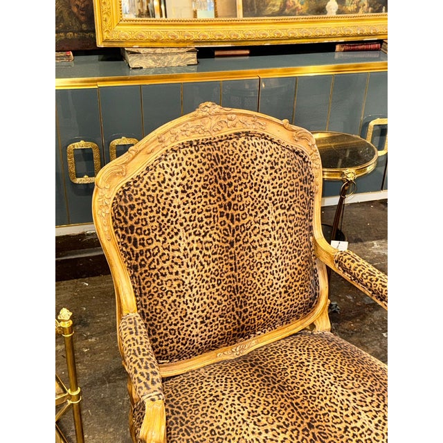 Pair of French Louis XV Bergeres With Leopard Upholstery For Sale - Image 4 of 10