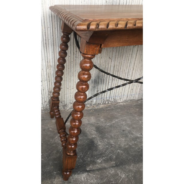19th Century Spanish Farm Table with Iron Stretchers, Hand Carved Top and Drawer For Sale - Image 9 of 18