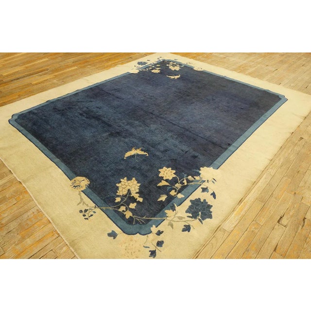 1920s Navy Blue Open Field Floral Antique Chinese Peking Rug 7' 10'' X 9' 6'' Wool & Silk Knotted Carpet For Sale - Image 9 of 9