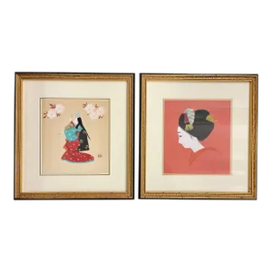 Pair of Japanese Woodblocks Custom Frames Signed