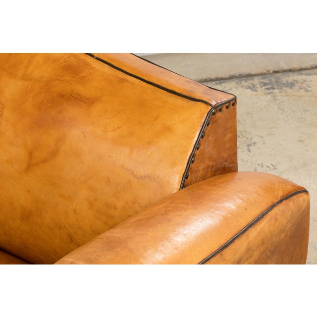 Animal Skin 1920s French Art Deco Cognac Leather Club Sofa For Sale - Image 7 of 18