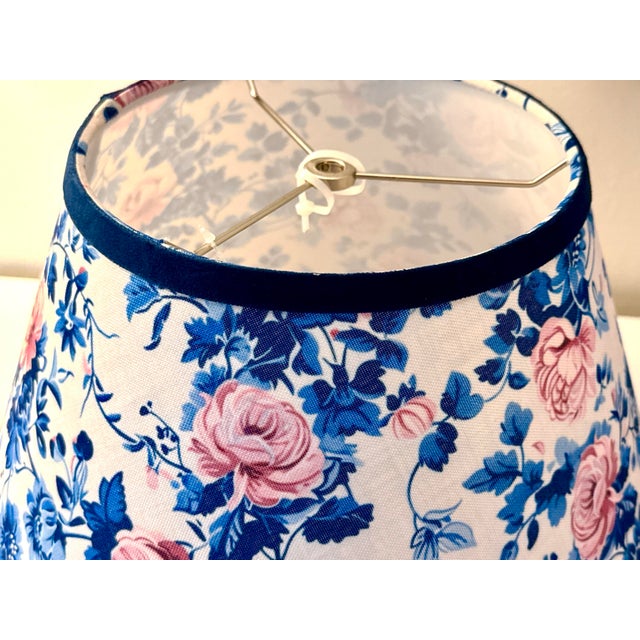 Textile Floral Fabric Lampshades With Navy Velvet Trim, Styled After Brunschwig & Fils, a Pair (New) For Sale - Image 7 of 8