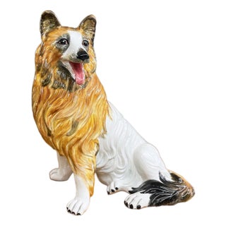 Italian Ceramic Hand Painted Collie Dog Figurine Sculpture 17.5 Tall For Sale