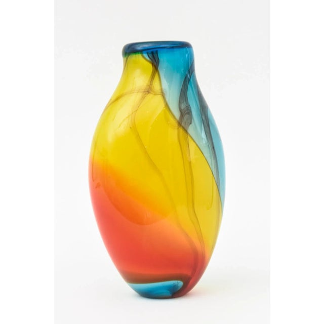 Fratelli Toso Murano Italian Signed Fratelli Glass Vase 80's Orange Red, Turquoise, Blue, Yellow, Charcoal Black Vase, Vessel 80's For Sale - Image 4 of 12