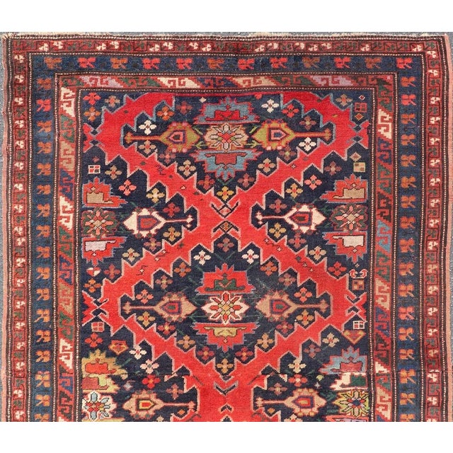 Late 19th Century Antique Caucasian Kazak Rug With Sub-Geometric Medallions Design in Red and Blue For Sale - Image 10 of 12
