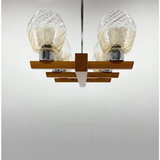 Wood, Chrome & Glass Chandelier attributed to Elektroinstala Decin, 1970s For Sale - Image 4 of 11