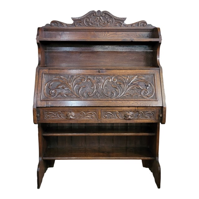 Late 19th Century Carved Front Victorian Oak Drop Front 2 Drawer Bureau For Sale