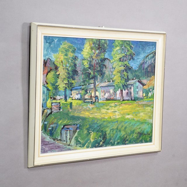 Impressionistic Painting of a Garden with Buildings in the Background A colorful, impressionist oil painting depicting a...