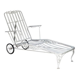 Antique Garden Chaise Lounge in Iron W/ Wheels. Attributed to John Salterini For Sale