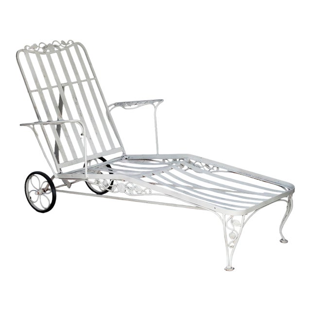 Antique Garden Chaise Lounge in Iron W/ Wheels. Attributed to John Salterini For Sale