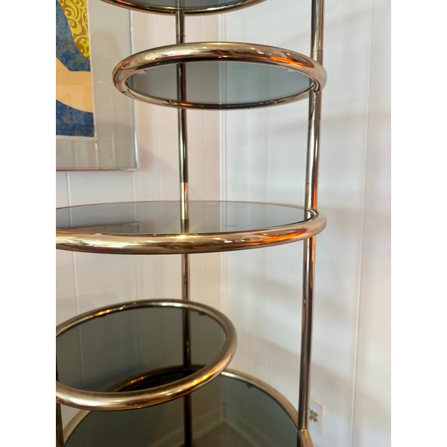 Glass A Vintage Milo Baughman Style 7 Tiered Brass & Smoked Glass Articulating Etagere, Circa 1970s For Sale - Image 7 of 12