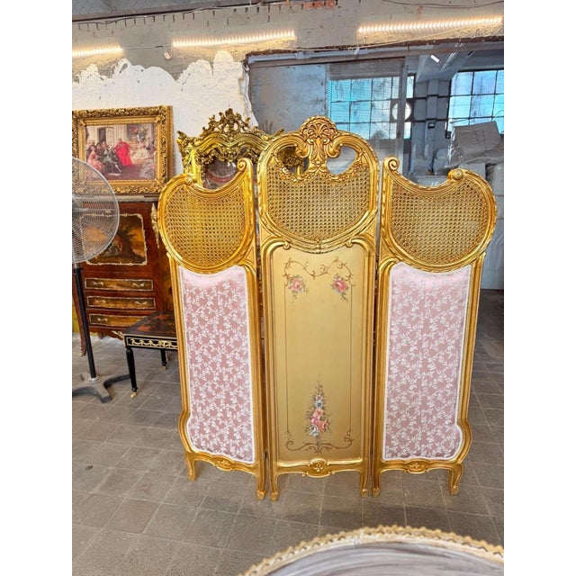 Vintage Rococo Folding Screen Handpainted Floral Gold leaf Set For Sale In Orlando - Image 6 of 8