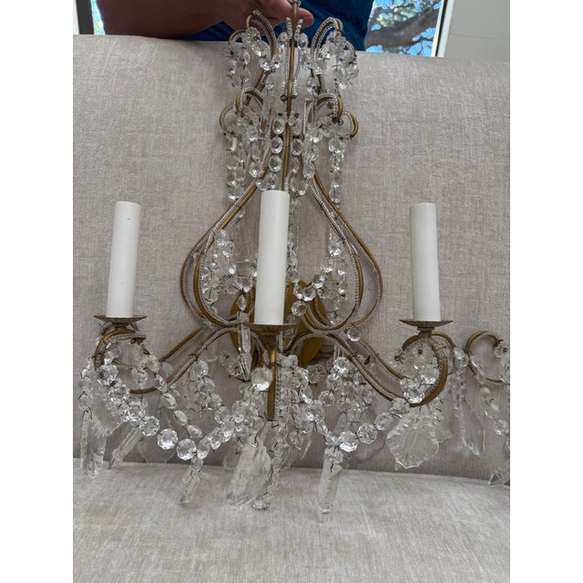 1980s Rocco Czech Bohemian Gilt Metal & Crystal Chandeliers - Pair For Sale - Image 4 of 5