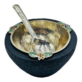 1980s Emilia Castillo Silver Bowl With Volcanic Rock Base & Spoon, Mexican Modernism For Sale