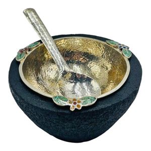 1980s Emilia Castillo Silver Bowl With Volcanic Rock Base & Spoon, Mexican Modernism