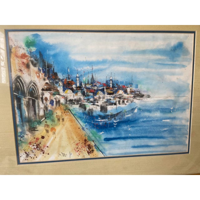 Coastal Vintage City and Seaside Watercolor Framed Original Signed Painting For Sale - Image 3 of 9