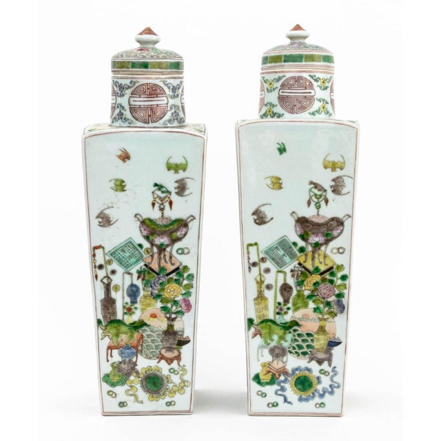 Chinese Famille Verte Square Covered Vases, 2 For Sale - Image 12 of 15