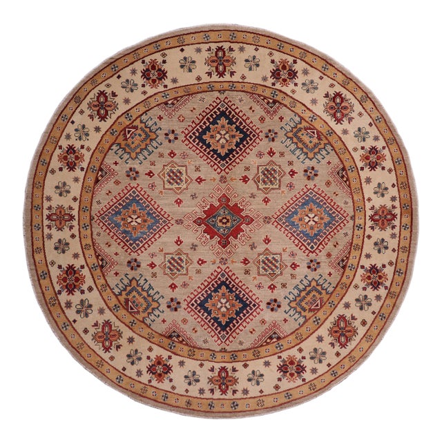 Rustic Kazak Light Blue/Beige Wool Round Rug- 8'0''x8'0'' For Sale