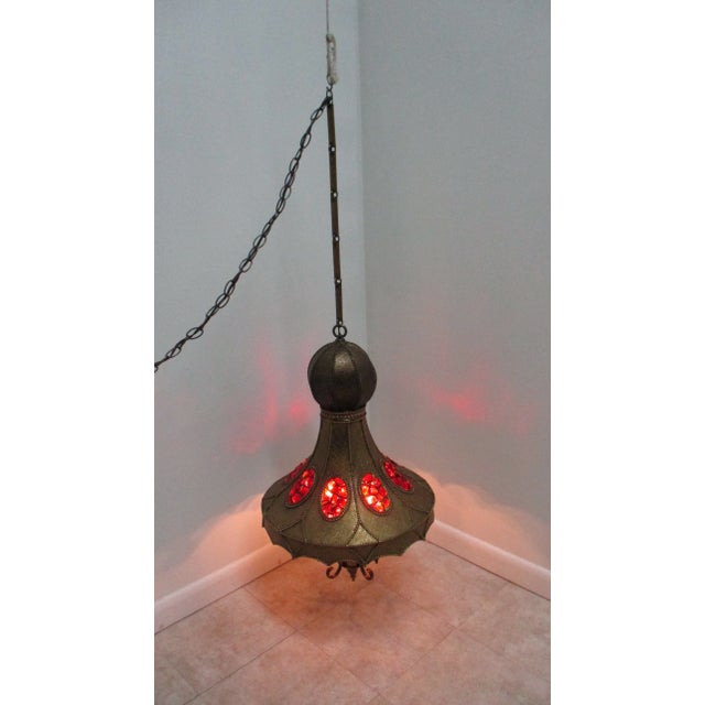 Vintage Spanish Regency Brass Jeweled Hanging Lamp Chandelier For Sale - Image 9 of 11